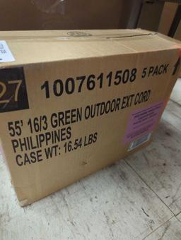 Box of 5 HDX 55 ft. 16/3 Green Outdoor Extension Cord, Appears to be New in Factory Sealed Box