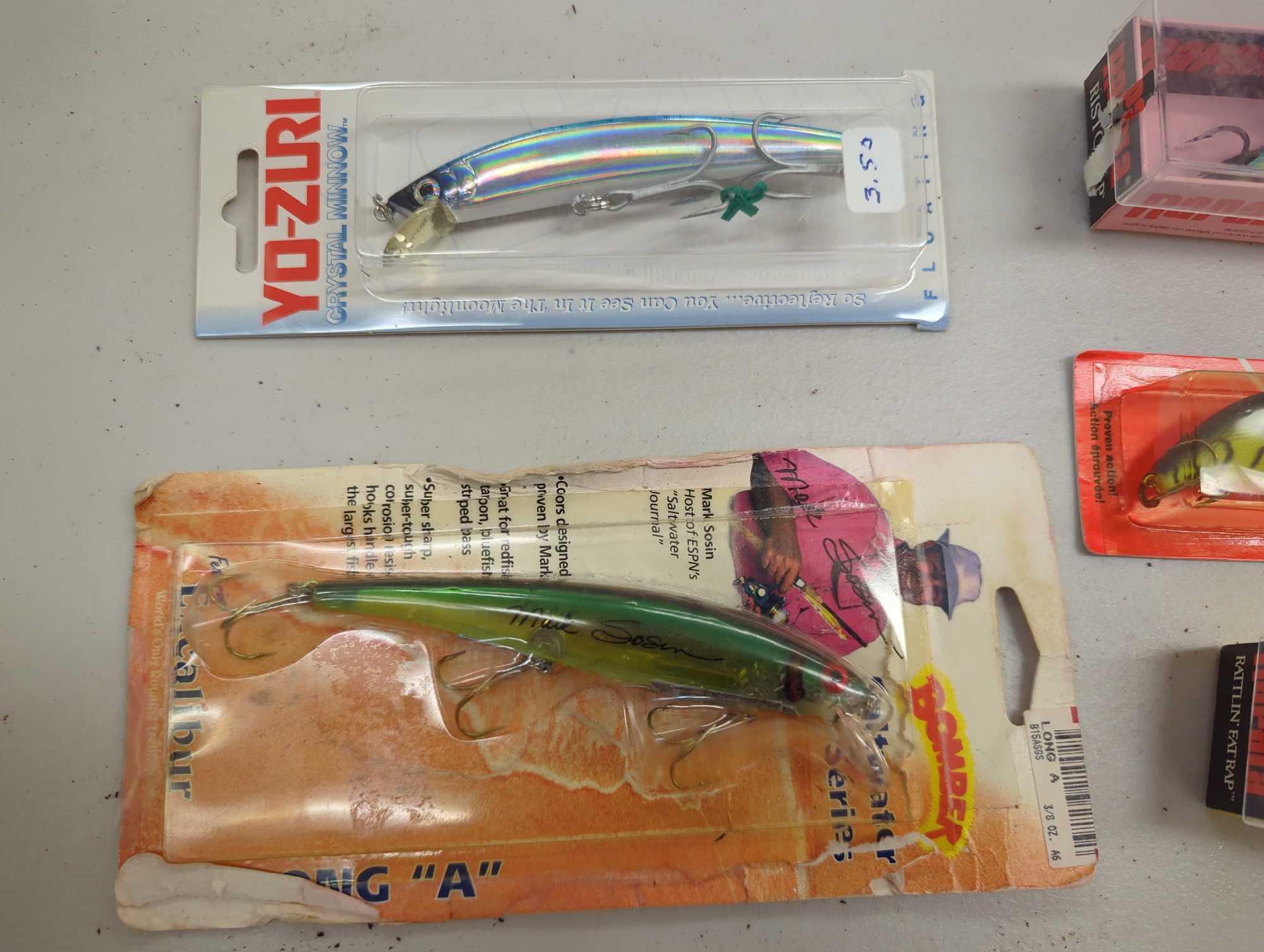 Clear organizer tote and contents including various fishing lures and other fishing accessories.