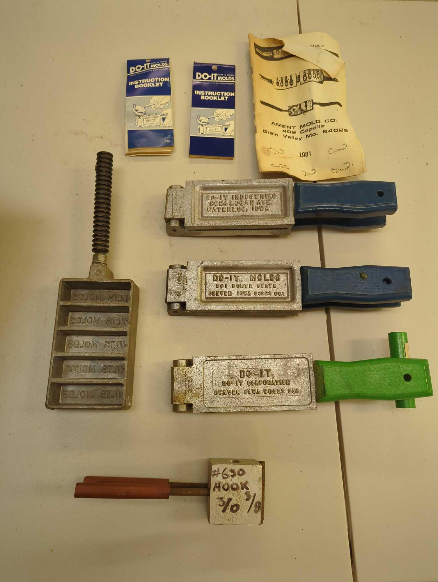 Box of assorted Do-It metal sinker and jig molds. Comes as is shown in photos. Appears to be used.