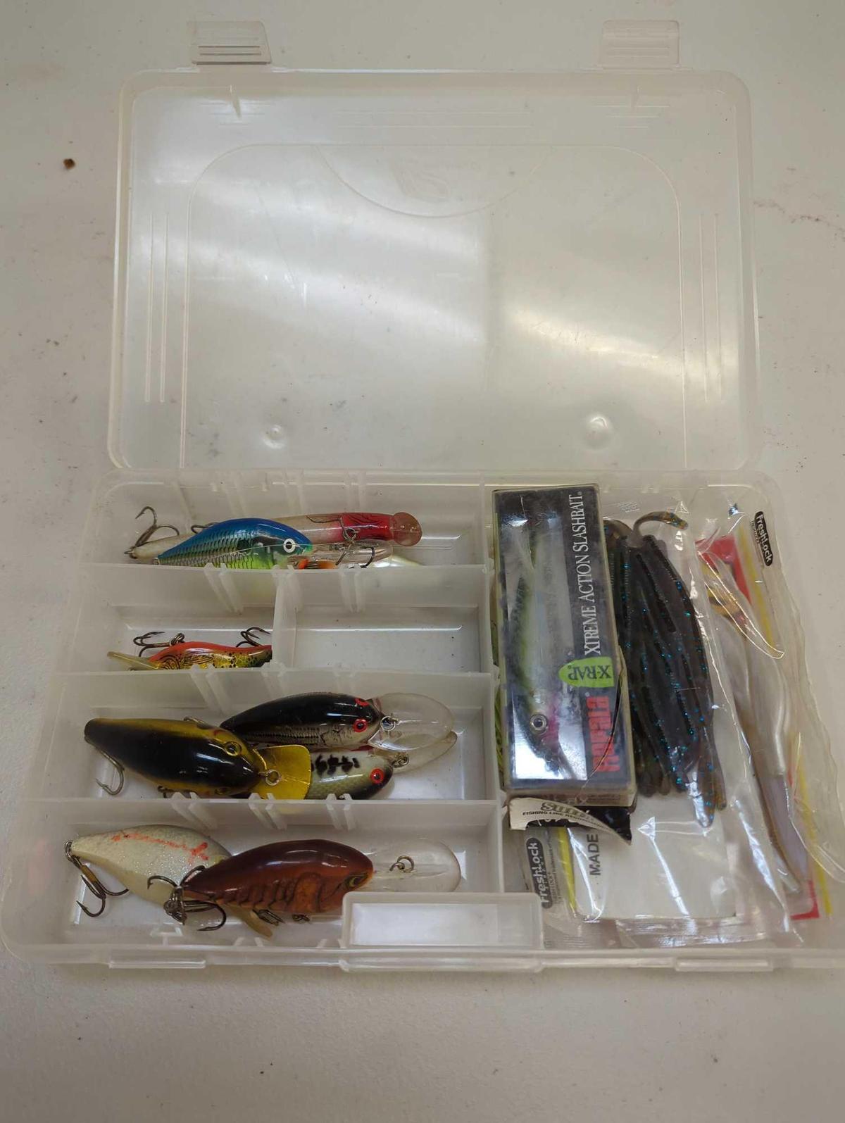 Tackle Box and contents including worms and other various fishing lures. Comes as is shown in