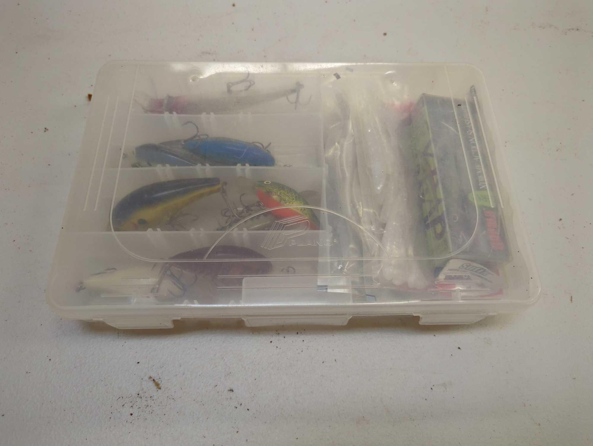 Tackle Box and contents including worms and other various fishing lures. Comes as is shown in