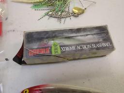 Tackle Box and contents including worms and other various fishing lures. Comes as is shown in