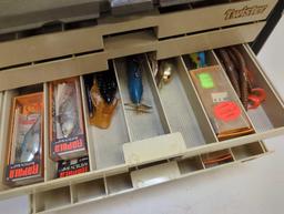 Tackle Box and contents including fishing worm lures and other various fishing lures. Comes as is