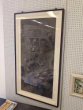 EARLY 19TH CENTURY CHINESE TIGER LITHOGRAPH, DISPLAYED IN FRAME. SIGNED WITH CHINESE SYMBOLS.