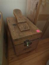 (LR) VINTAGE WOOD SHOE SHINER, ESQUIRE SHOE VALET DELUXE, COMES WITH SHOE SHINING ITEMS.