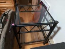 (BR2) CONTEMPORARY BLACK METAL GLASS 2-TIER SIDE TABLE. IT MEASURES 20-1/2"W X 20-1/2"D X 24-1/2"T.