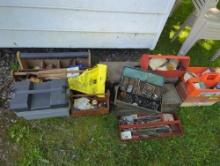 (SHED) LOT OF TOOL BOXES FILLED WITH TOOLS TO INCLUDE, SCREWDRIVERS, CLAMPS, NAILS, BOLTS, FISHING
