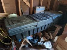 (SHED) LOWES CONTICO BLACK HARD PLASTIC TWO SECTION TRUCK TOOL BOX WITH MISC. CONTENTS. IT MEASURES