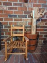 (LR) LOT OF 3 ITEMS TO INCLUDE, CHILDS WOOD ROCKING CHAIR 22 1/2"HX18 1/4"X 14 3/4", WOOD BARREL