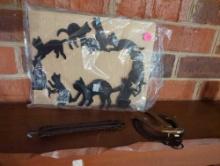 (LR)LOT OF METAL ITEMS, CAT SILHOUETTE 11 1/2"L9"H, BRASS DOOR KNOCKER PART, AND TWO CAST METAL