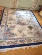 (DEN) 1960'S HAND KNOTTED WOOL ART DECO CHINESE RIVER LANDSCAPE AREA RUG, APPROXIMATE DIMENSIONS -