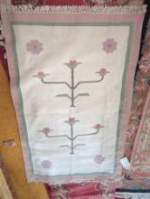 (DEN) HAND WOVEN GENUINE 100% VIRGIN LAMB WOOL AREA RUG WITH PALE PINK AND SAGE GREEN TRIM,