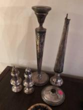 (DR) LOT TO INCLUDE A PAIR OF MFH STERLING WEIGHTED CANDLE STICK HOLDERS (ONE DAMAGED) 11-3/4"T AND