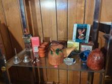 (LR) SHELF LOT OF MISC ITEMS TO INCLUDE, WOOD DUCK, SMALL FIGURINES, PAPER WEIGHT, FROG COVERED