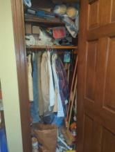(LDR) CLOSET LOT OF ASSORTED ITEMS INCLUDING MEN'S AND WOMEN'S JACKETS, CLEANING SUPPLIES, HOME