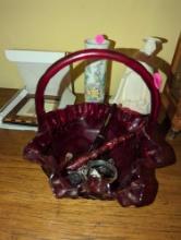 (MBR) LOT OF ASSORTED ITEMS TO INCLUDE, RED RUBY GLASS CANDY BASKET, 2 CALLIGRAPHY PENS, CARAVELLE