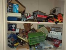 (UPBR1) CLOSET 2 SHELF LOT TO INCLUDE, TOOLS, POWER CORDS, STORAGE FOR HARDWARE, PORTABLE LAMP, ETC