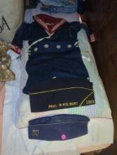 (UPBR1) LOT OF 3 MILITARY ORIENTED ITEMS. VINTAGE CHILDS NAVY UNIFORM WITH WHISTLE, US AMERICAN