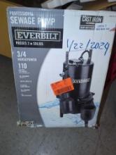 Everbilt 3/4 HP Sewage Ejector Pump. Appears to be used, stock photos for informational purposes