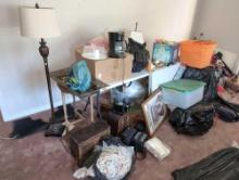 (LR) LARGE LOT TO INCLUDE: A CONTEMPORARY FLOOR LAMP, VINTAGE DEMILUNE SIDE TABLE, ANTIQUE RADIOS,