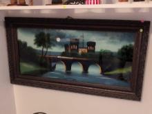 (BR2) ANTIQUE REVERSE PAINTING ON GLASS DEPICTING A CASTLE OVERLOOKING A BRIDGE WITH THE MOON IN THE