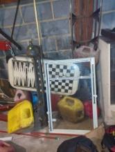 (GAR) LOT OF MISCELLANEOUS ITEMS TO INCLUDE, VINTAGE SLED. GAS CANS, WINDOW, GAME TABLE, ETC