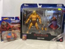 Masters of the Universe - Revelation: Savage He-Man and Orko collectible figurines and Hot wheels: