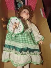 (GAR) 1 LOT OF SHELF OF 3 DOLLS WITH BOXES. 1: 14" H Knowles Porcelain Mary Mary Quite Contrary