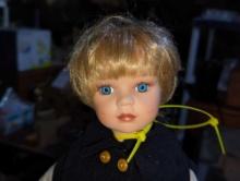 (GAR) Blonde Haired and Blue Eyed Porcelain Doll Wearing White Under Shirt, Blue Button Up Vest, Red