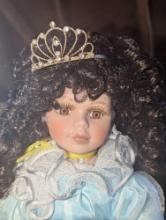 (GAR) "Miss Quince Anos" Umbrella Style Porcelain Doll with Brown Hair and Brown Eyes Wearing a Blue