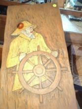(GAR) WALL HANGING WOODEN HAND CARVED SEA CAPTAIN WITH BOAT WHEEL, MEASURE APPROXIMATELY 11 IN X 25