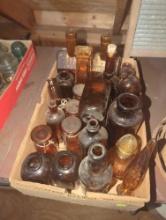 (GAR) Box Lot of Assorted Amber/Brown Glass Bottles Including E. C. Booz Old Cabin Whiskey Bottle,