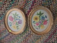 (DR) Lot of 2 Needle Point Framed Flowers, Approximate Dimensions of Each - 12.5" W x 10.5" L, What