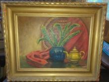 (DR) WALL HANGING FRAMED PAINTING OF PLANT AND TEA POT SIGNED BY ARTIST H. KAPAN, MEASURE