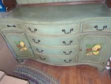 (DR) HAND PAINTED WOODEN BUFFET WITH DARK WOODEN TOP RACK, MEASURE APPROXIMATELY 62 IN X 21 IN X 78