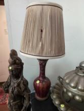 (LR) ORIENTAL INFLUENCED RED METAL FLOOR LAMP WITH PAINTED FLOWER DETAILING. COMES WITH SHADE