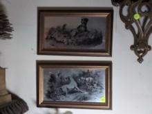 (KIT) PAIR OF VINTAGE HUNTING DOG SCENE WALL MIRRORS IN GOLD/BLACK TONE FRAMES. THEY MEASURE