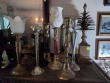 (KIT) LARGE LOT OF CANDLE HOLDERS TO INCLUDE: A GREEN MARBLE ONYX CANDLE HOLDER WITH DETAILED BRASS