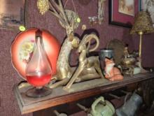 (DEN) LOT OF MISCELLANEOUS ITEMS TO INCLUDE, 2 BRASS ANIMALS THE LARGEST IS 11 3/4"H, CERAMIC FOX,