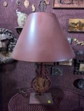 (DEN) ANTIQUE 1920S SPANISH GALLEON METAL TABLE LAMP WITH RED PAPER SHADE & ORNATE METAL FINIAL. IT