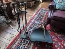 (LR) VINTAGE FIREPLACE TOOLS TO INCLUDE: CAST IRON TOOL STAND WITH FIRE POKER, LOG TONGS, COAL