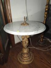 (LR) GOLD CAST METAL MARBLE TOP STAND, BASE DEPICTS GREEK WOMEN, 26"H 18"D