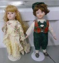 TWO PORCELAIN DOLLS TWO ON STANDS