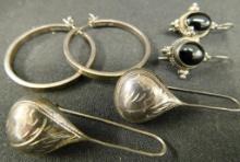 Sterling Silver - 925 - Pierced Earrings - Hoop - Drop - Onyx Drop - 31.9 Grams TW