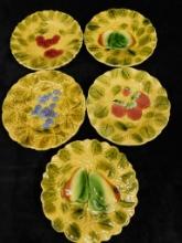 5 Piece - Vintage Sarreguemines Fruit Plates - France - 7.5" Round Each - 1930s-40s