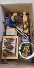BOX OF MISCELLANEOUS: VTG TOYS, LEATHER TOOLS +