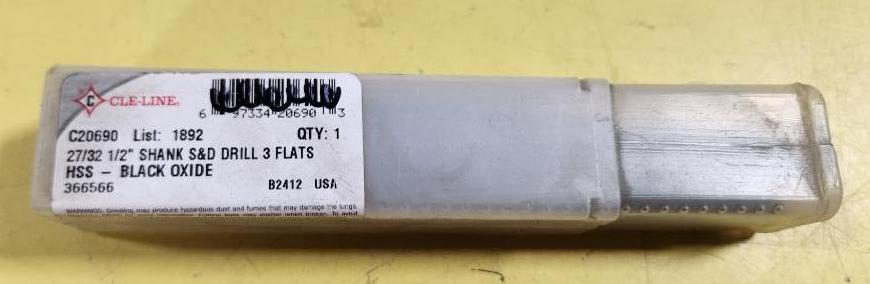 CLE-Line 27/32 1/2in Shank S&D Drill 3 Flats, HSS Black Oxide Qty 1
