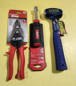 3 New Tools, Crescent WISS Snips, Milwaukee Nut Driver, Estwing B3-2LB Steel Drilling Hammer