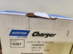 2 Cases Norton Charger 4-1/2in x 7/8in Flap Disc, No. 19267, Grit 80, 5/Case, 10 Total, Sold 2x$
