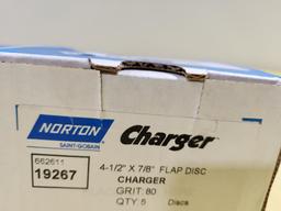 2 Cases Norton Charger 4-1/2in x 7/8in Flap Disc, No. 19267, Grit 80, 5/Case, 10 Total, Sold 2x$